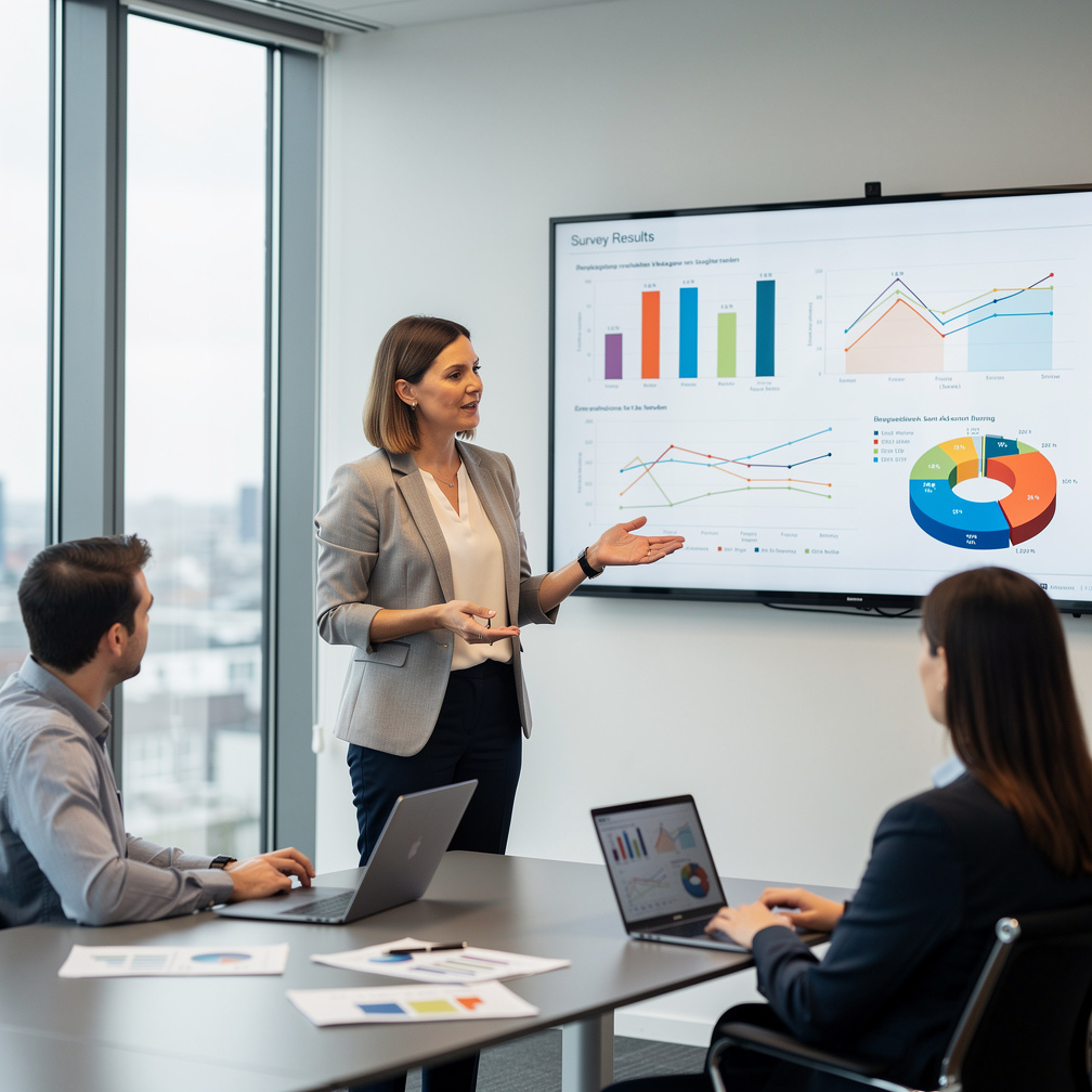 Researcher presenting audience survey results on a screen to colleagues